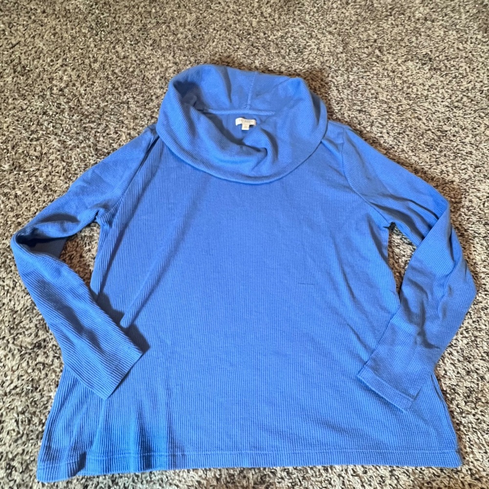 Talbots Petite Blue Waffle Knit Cowl Neck Long Sleeve Top MP Pullover Womens